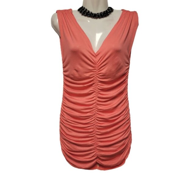 𝅺CORAL Ruched V Neck Low Back Mini Dress Size M  Size L - NWOT - Picture 1 of 7
